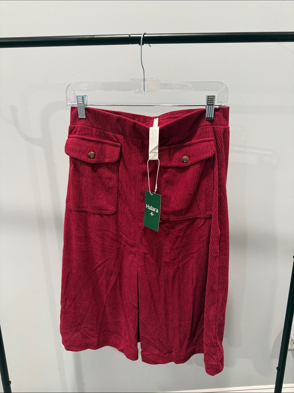 HALARA Deep Red Corduroy Midi Skirt with Front Flap Pockets